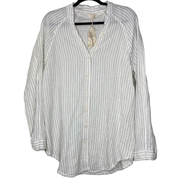 Mystree 100% Cotton Tunic Button Shirt (Sz L) Striped Long Sleeve Coastal Casual - Picture 1 of 12